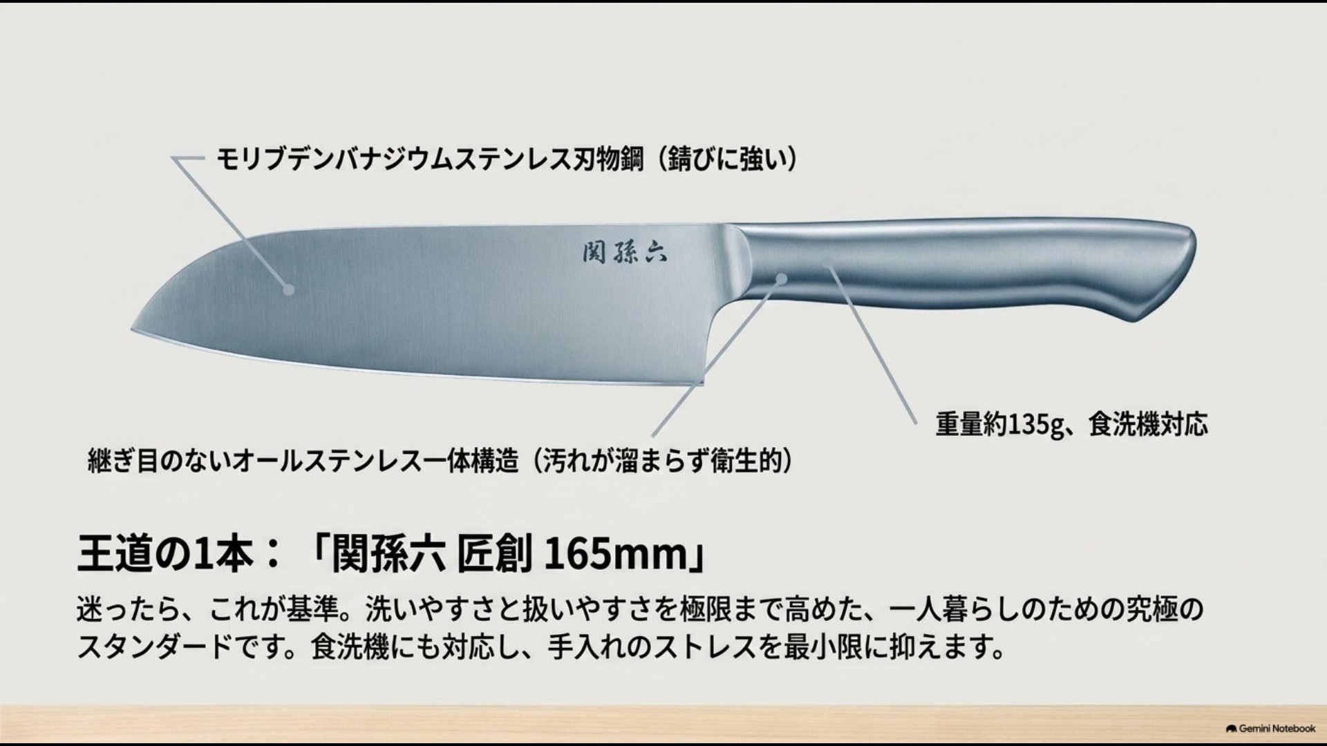 関孫六 匠創 三徳包丁165mmのオールステンレス一体構造と錆びに強いモリブデンバナジウム鋼の特徴を示した図