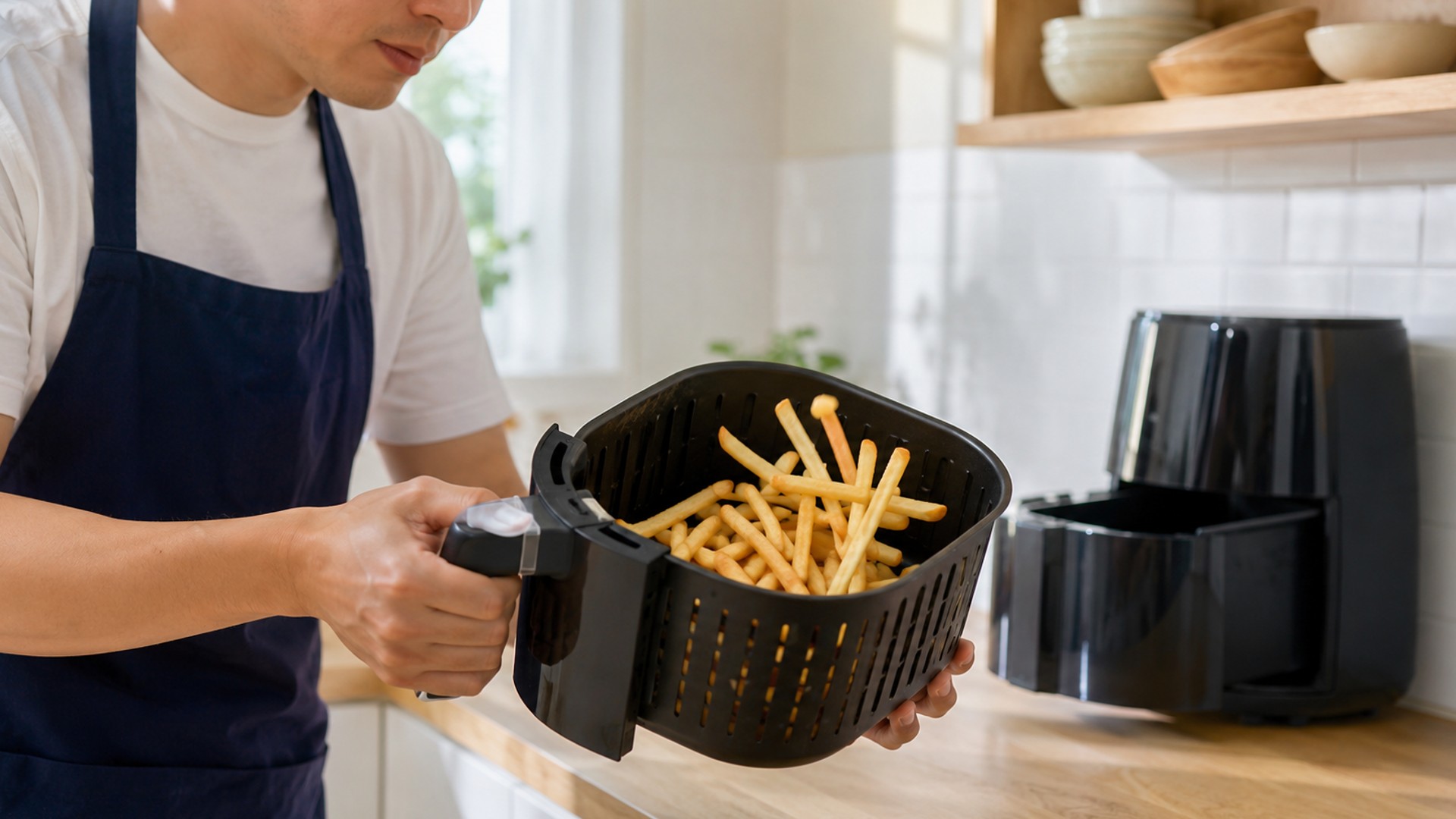 焼きムラを防ぐためエアフライヤーのポテトを途中で振る様子