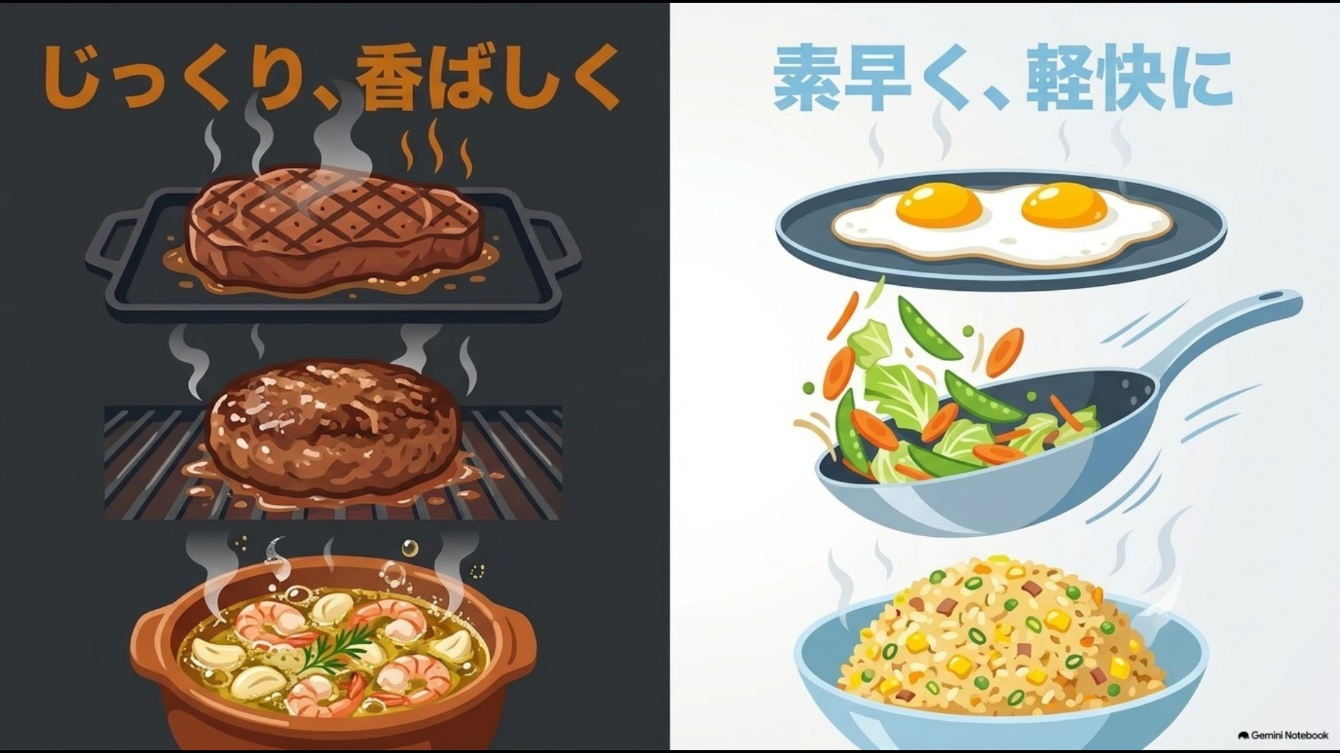 ステーキやハンバーグに向くスキレットと卵料理や炒め物に向くフライパン