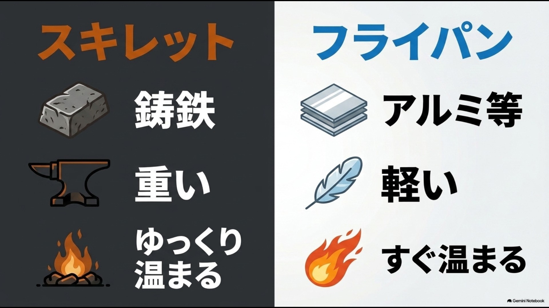 鋳鉄で重くゆっくり温まるスキレットと軽く温まりやすいフライパンの比較