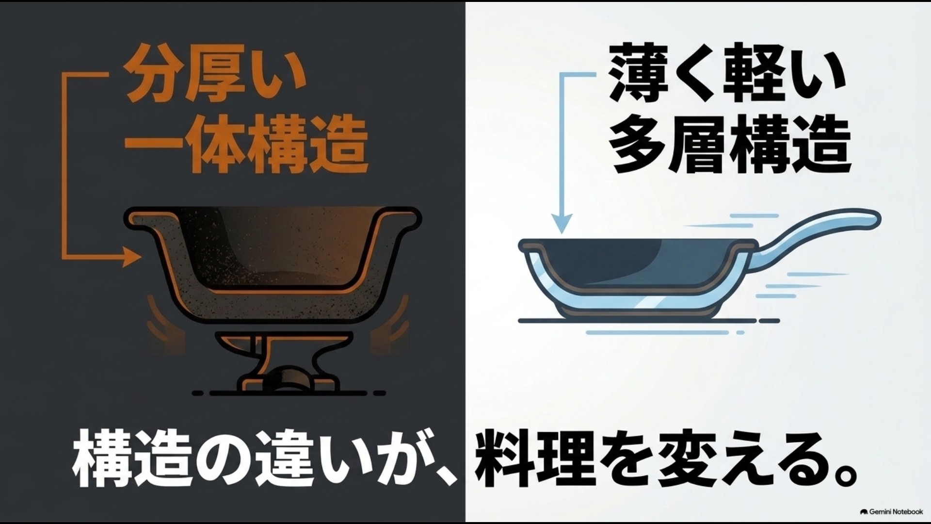 分厚い一体構造のスキレットと薄く軽いフライパンの構造比較