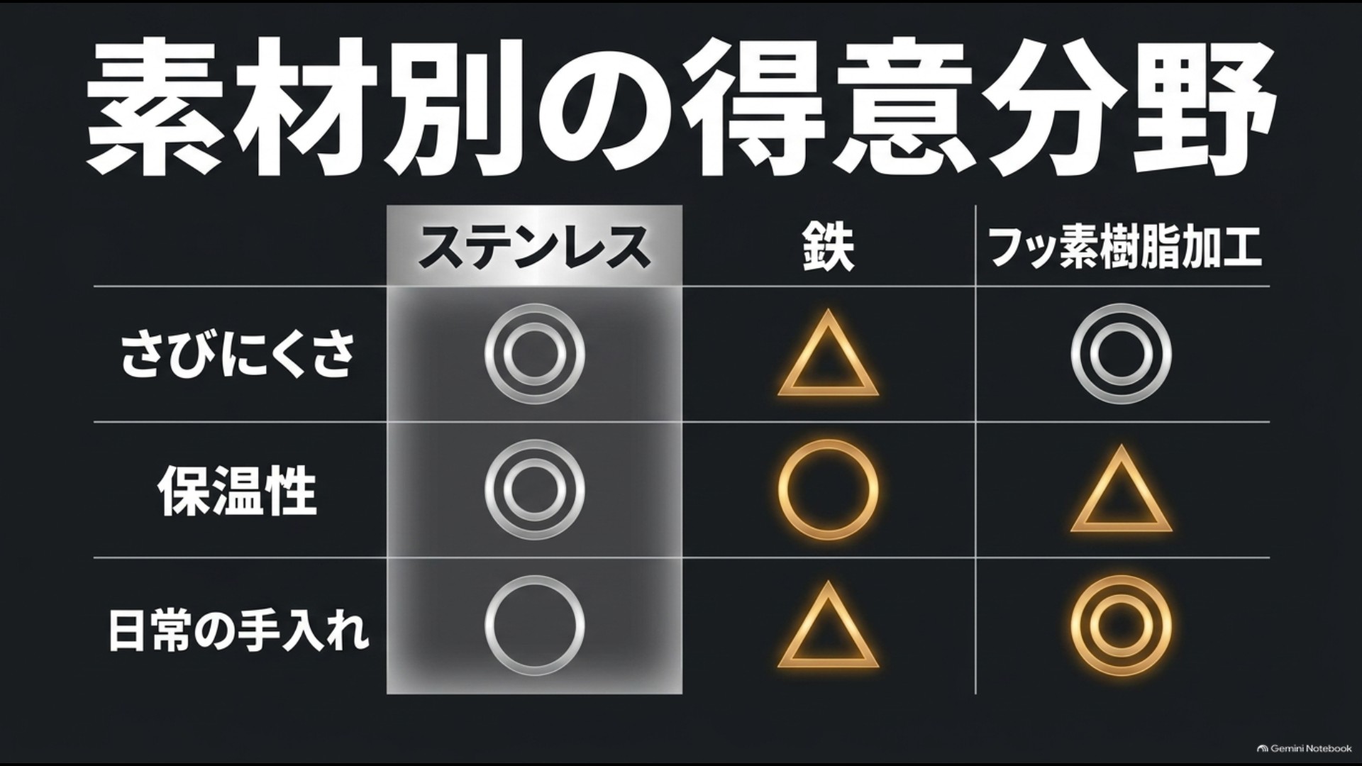ステンレスと鉄とフッ素樹脂加工フライパンの得意分野の比較