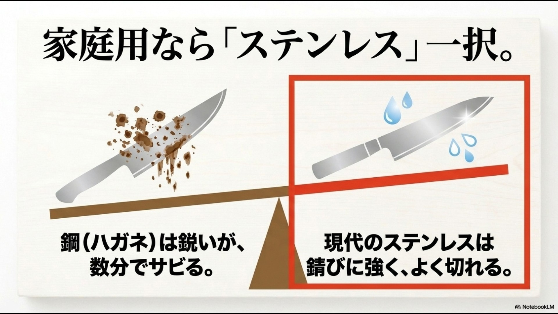 サビにくく扱いやすいステンレス包丁が家庭用におすすめである理由を示すスライド