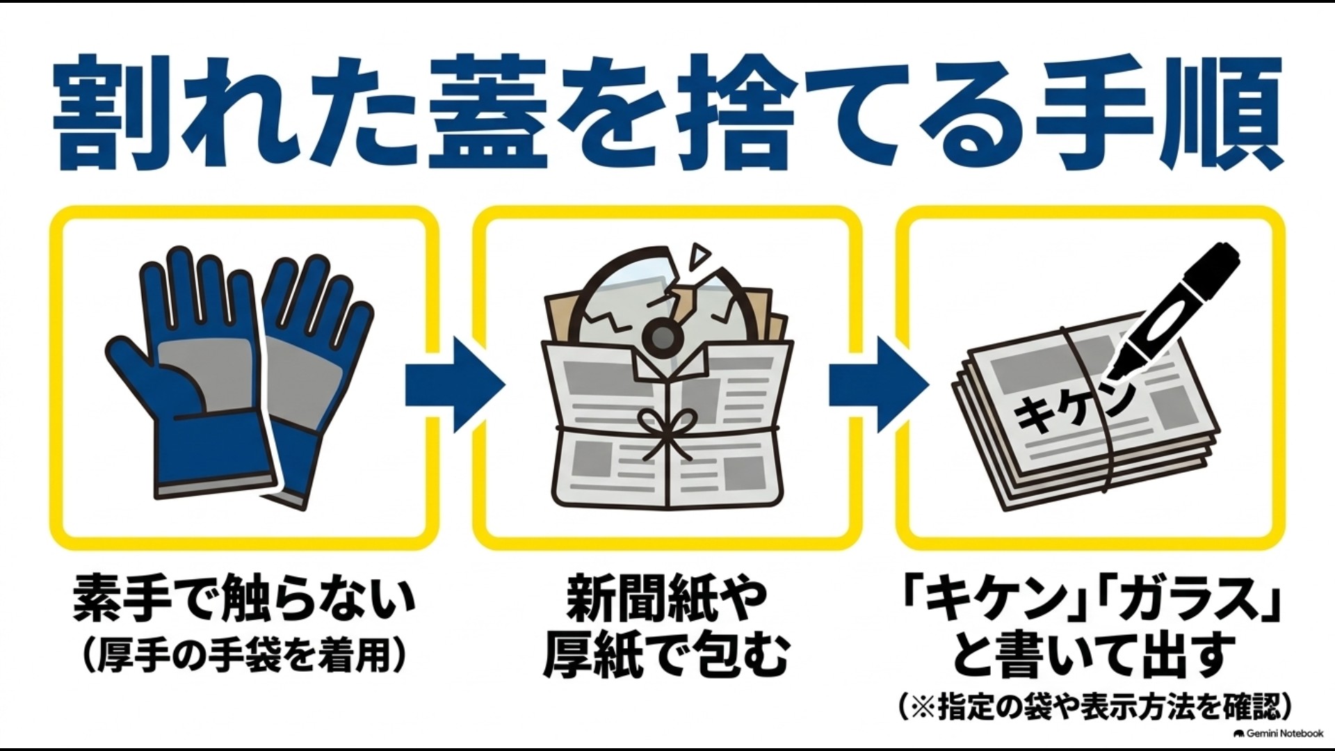 割れたガラス蓋を手袋で集め、新聞紙で包んでキケンと書いて出す3つの手順
