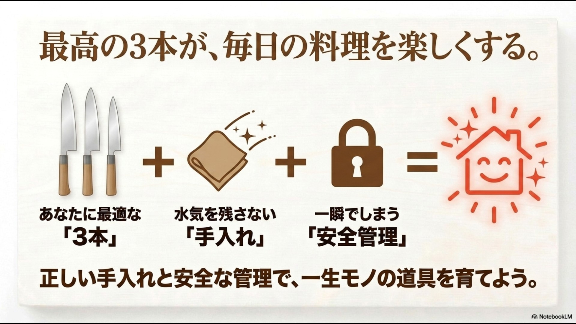 最適な3本の選定・手入れ・安全管理を組み合わせることで一生モノの道具を育てることを表したまとめスライド