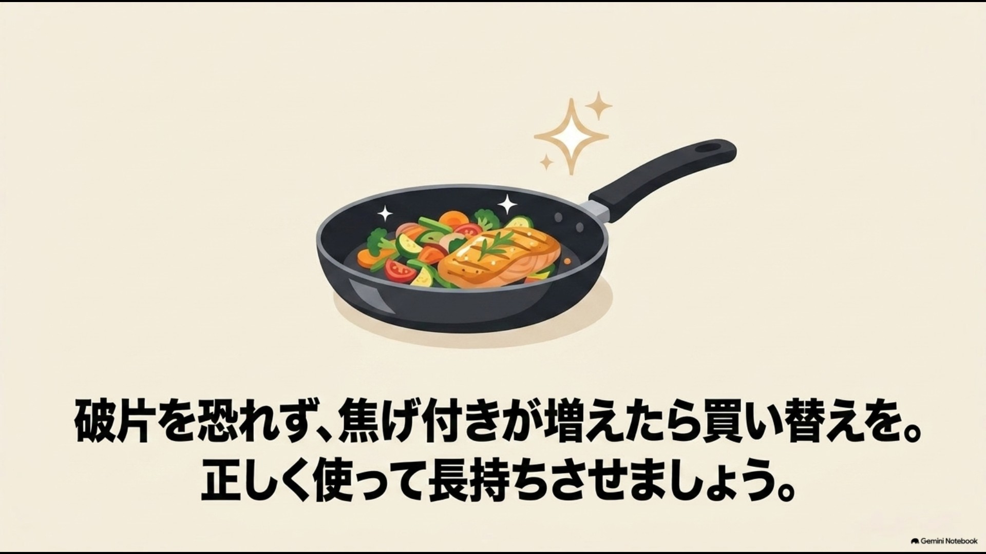 破片を恐れず焦げ付きが増えたら買い替え、正しく使って長持ちさせようとまとめたスライド