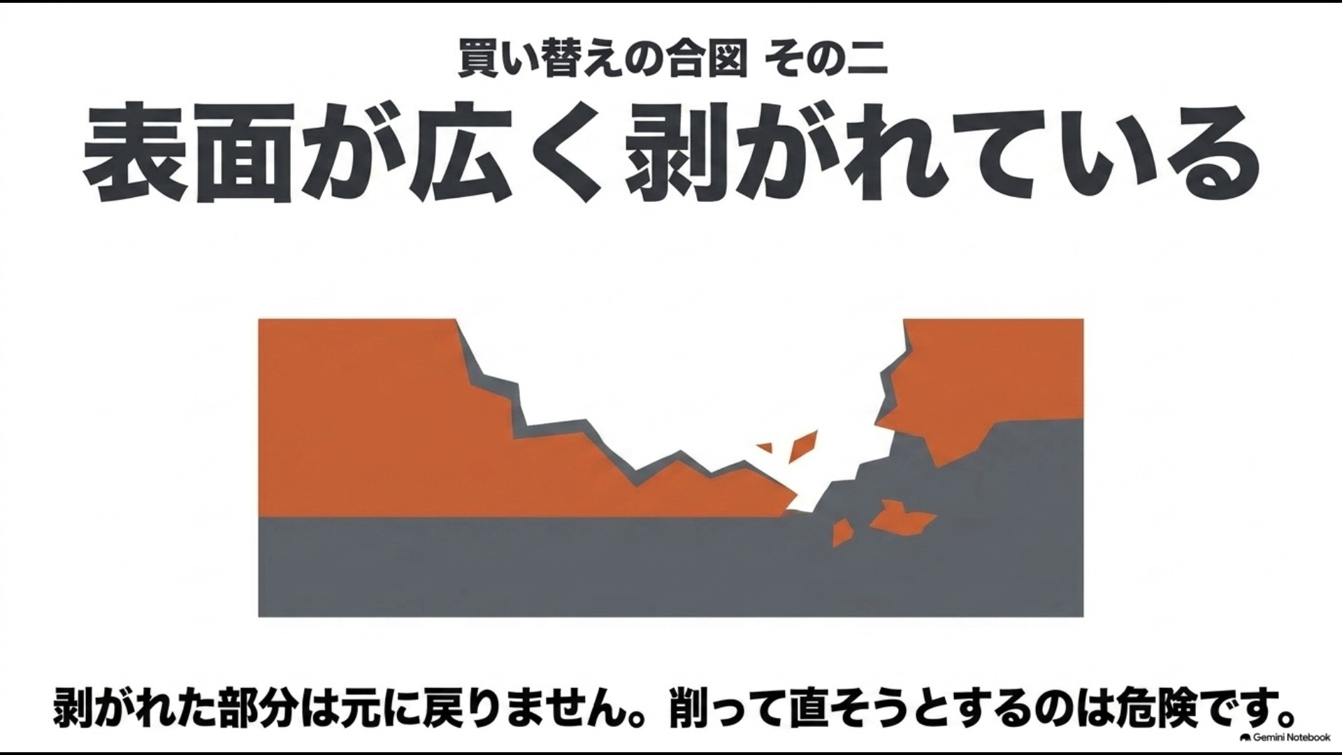 テフロンフライパンのコーティングが広く剥がれた状態を示す買い替えサイン