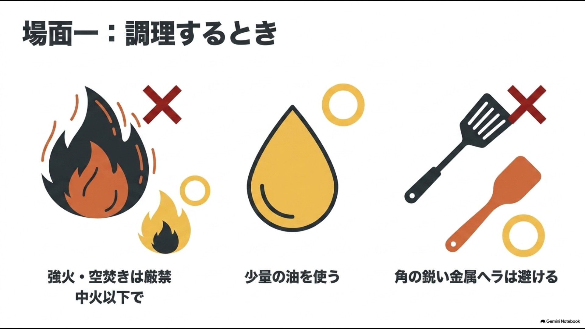 強火と空焚きを避け少量の油と傷付きにくいヘラを使うテフロンフライパンの長持ち方法