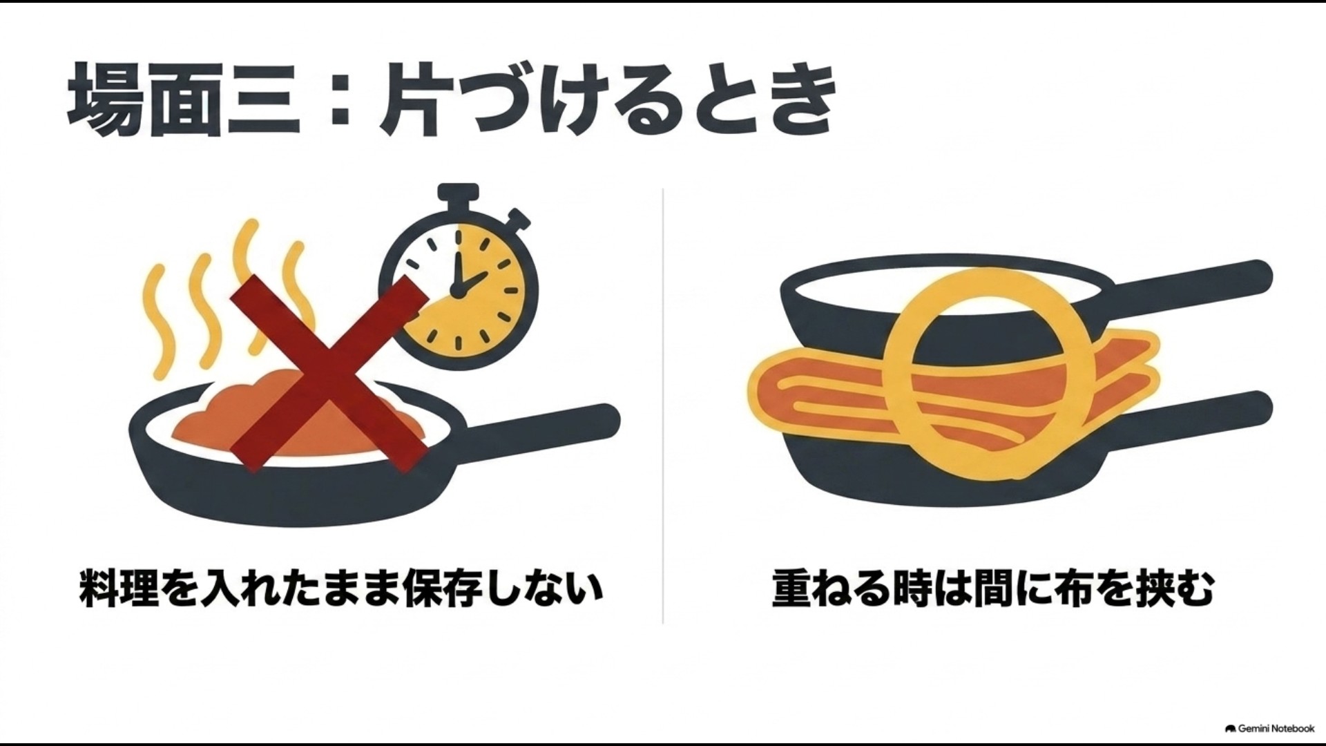 料理を入れたまま保存せず重ねるときは布や保護シートを挟むフライパン収納方法