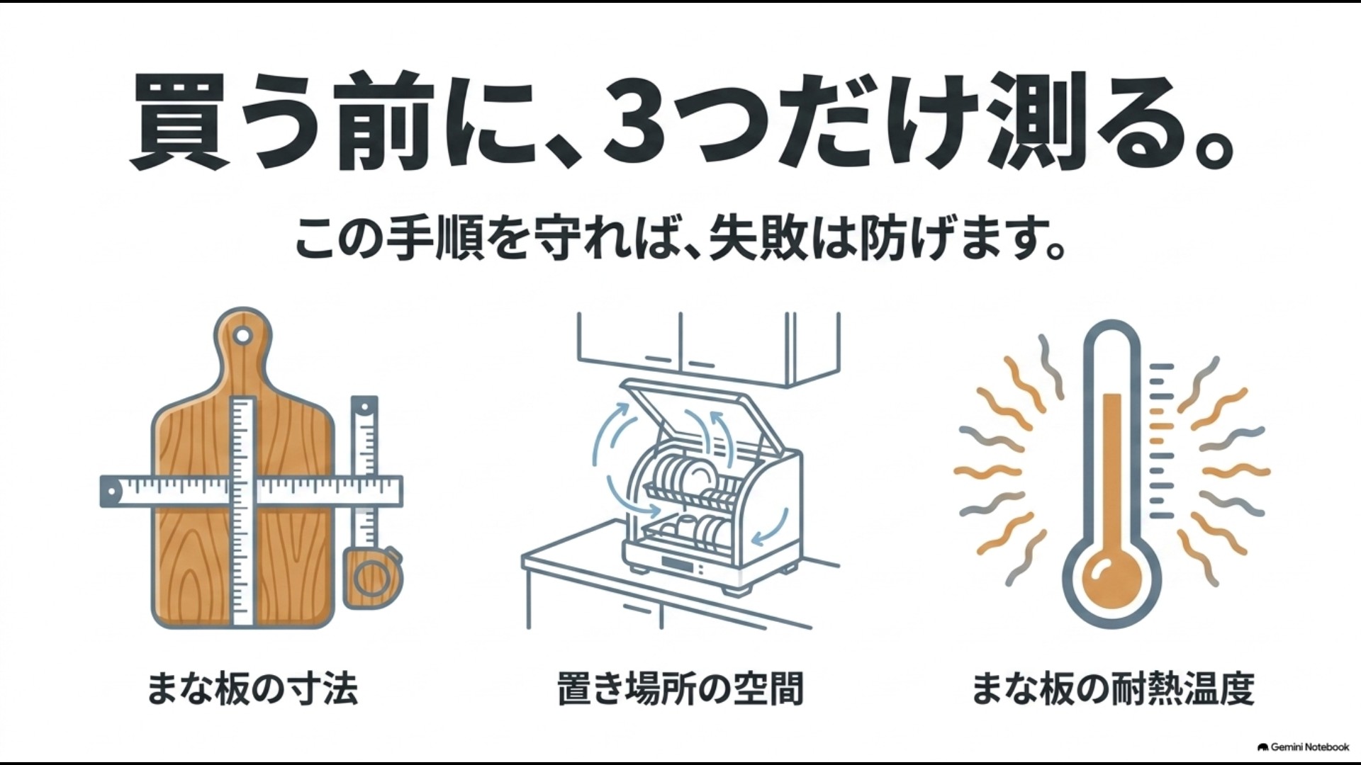まな板寸法・置き場所空間・まな板耐熱温度の3つを測る手順を示すイラスト  