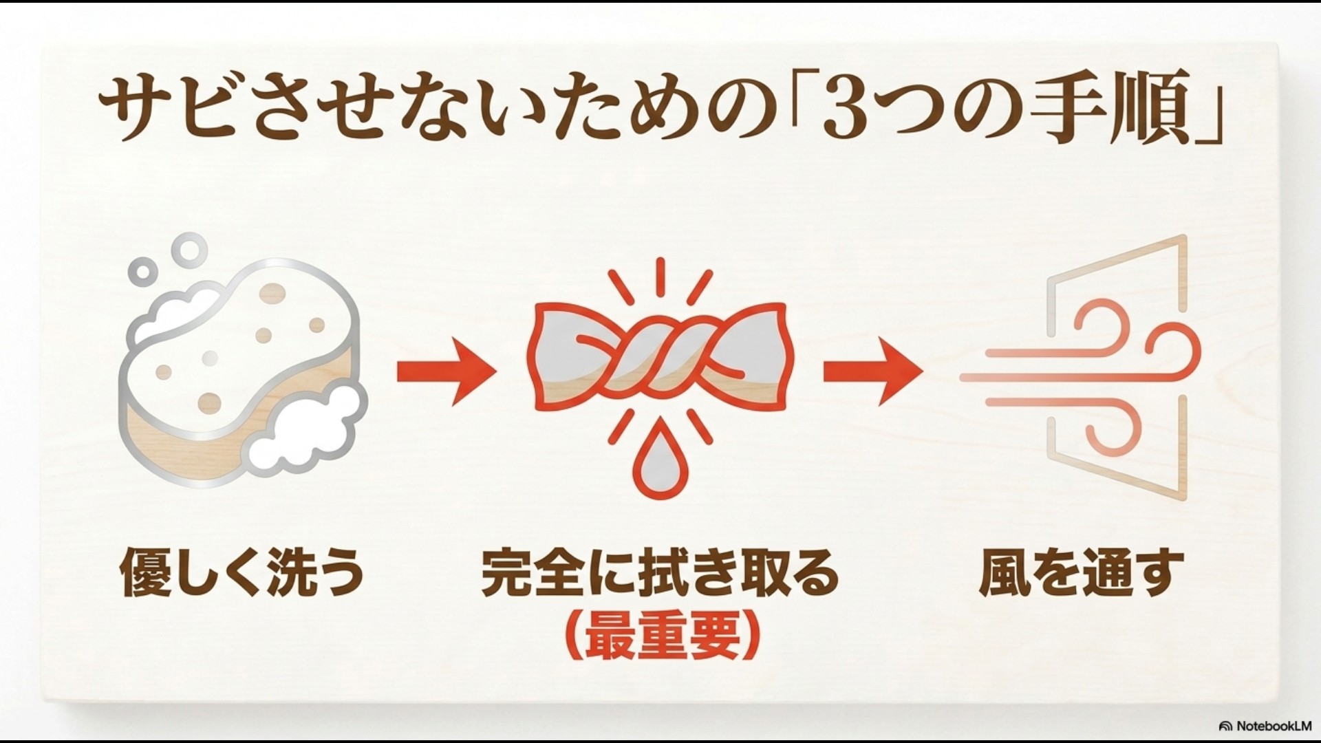 包丁をサビさせないための優しく洗う・完全に拭き取る・風を通す3ステップを示すスライド
