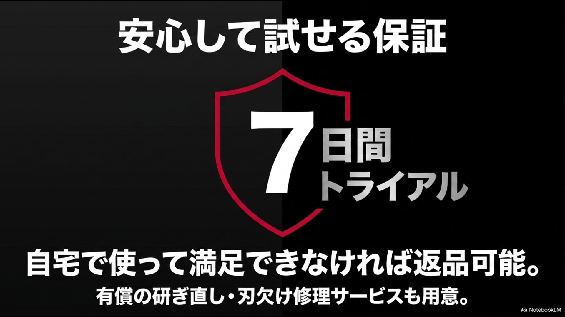 7日間トライアル保証や研ぎ直し・刃欠け修理サービスを説明したスライド