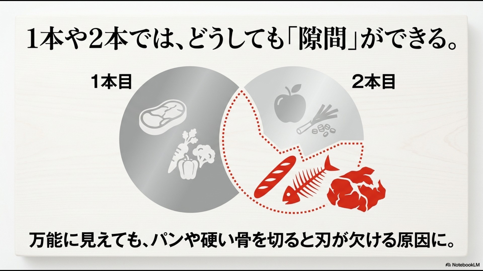 包丁が1本や2本では対応できない食材の隙間や刃欠けのリスクを示す図解スライド