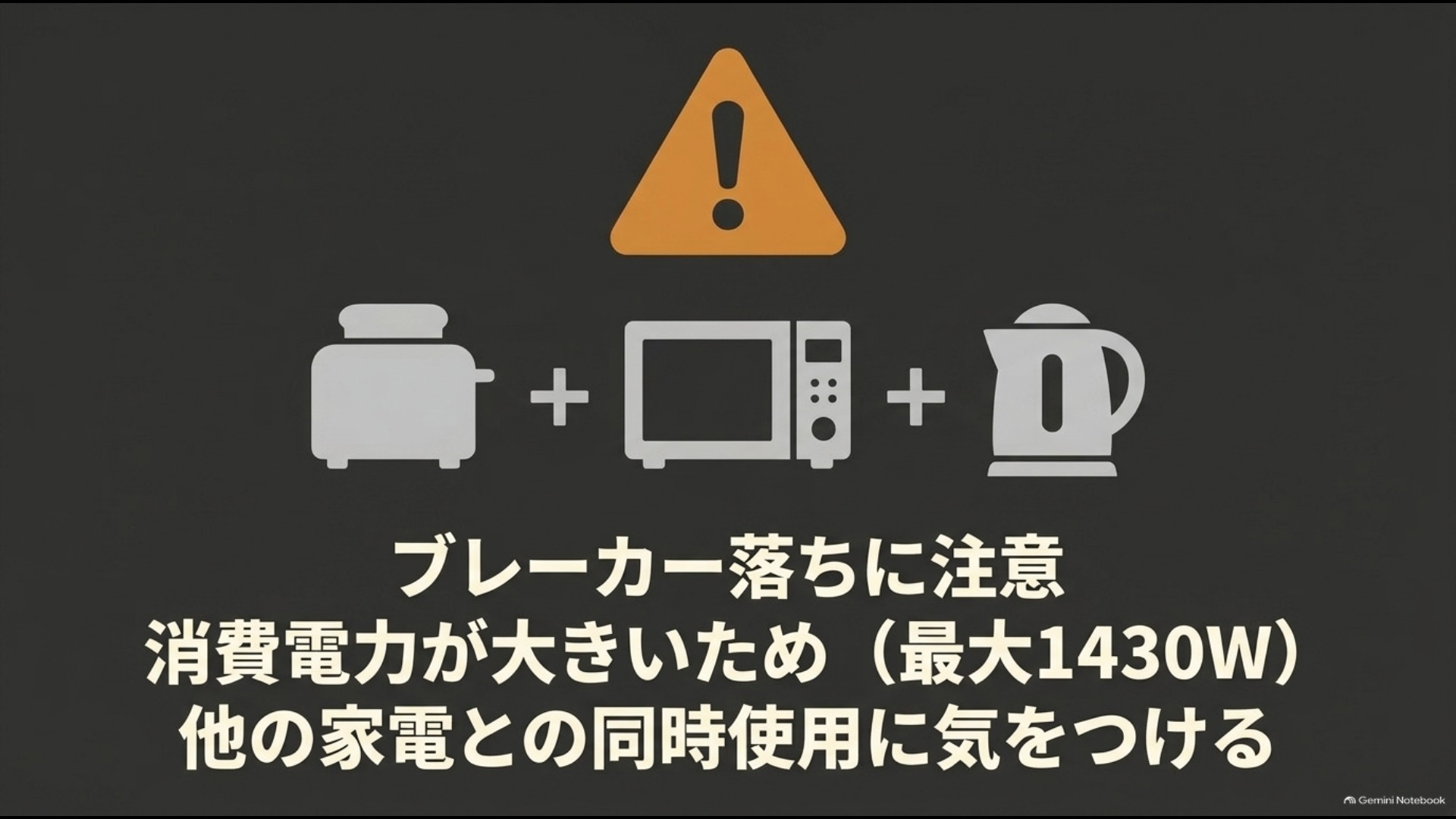 消費電力の大きいアラジントースターと電子レンジや電気ケトルなどの同時使用によるブレーカー落ちへの注意