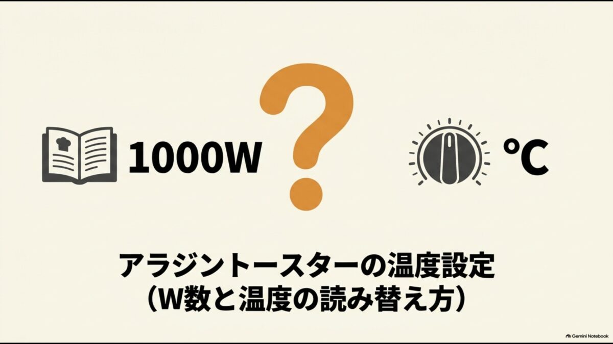 アラジントースターの1000Wと温度設定の読み替え方を解説するスライド