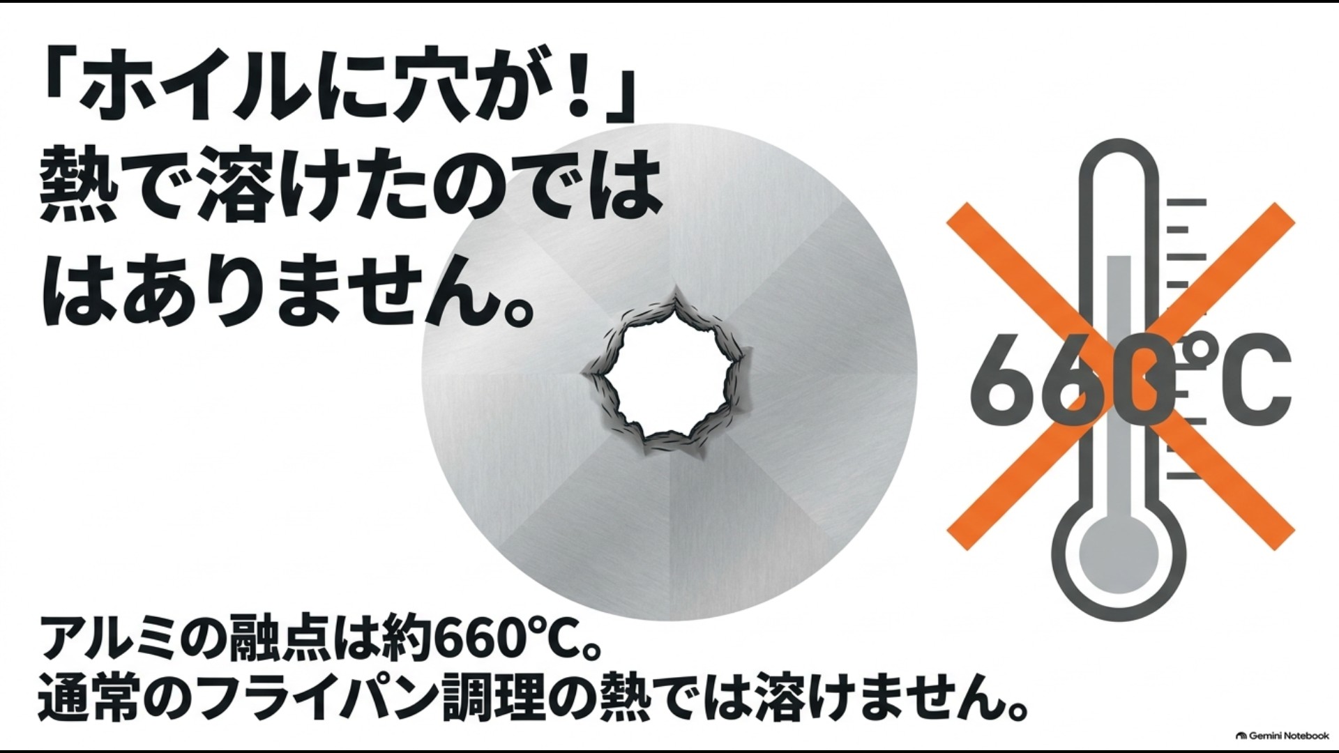 アルミニウムの融点は約660度で通常のフライパン調理では溶けにくいことを示す図