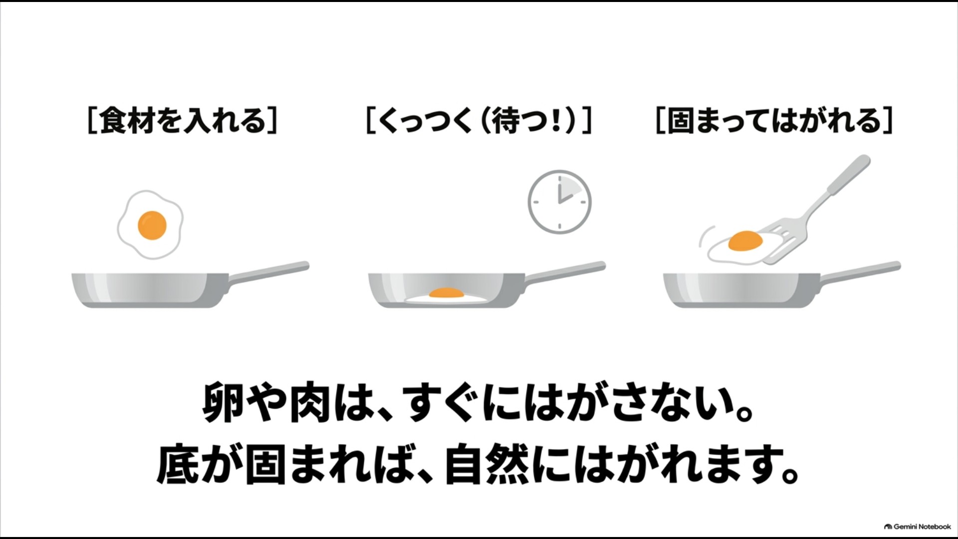 アルミフライパンで卵や肉を焼くときはすぐにはがさず底面が固まるまで待つコツ