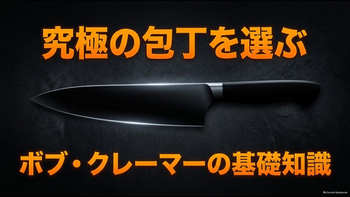 黒い背景にボブ・クレーマーの包丁と「究極の包丁を選ぶ」の文字を配置したスライド