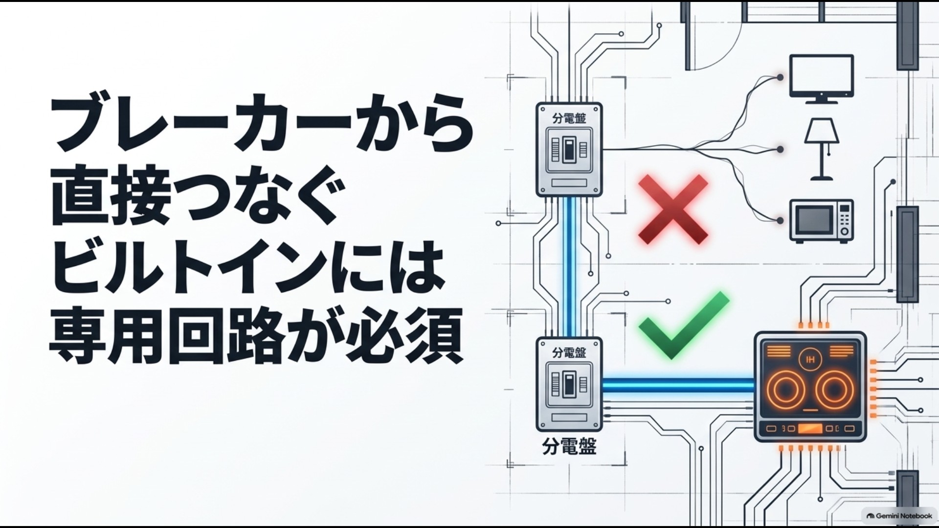 ビルトインIHを分電盤から専用回路で接続する仕組み