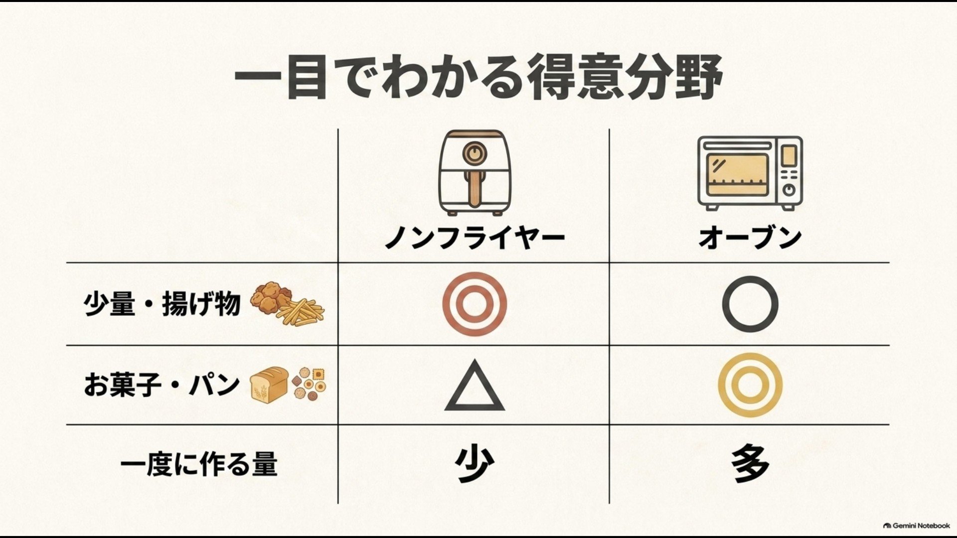 ノンフライヤーとコンベクションオーブンの得意料理と一度に作れる量を比較