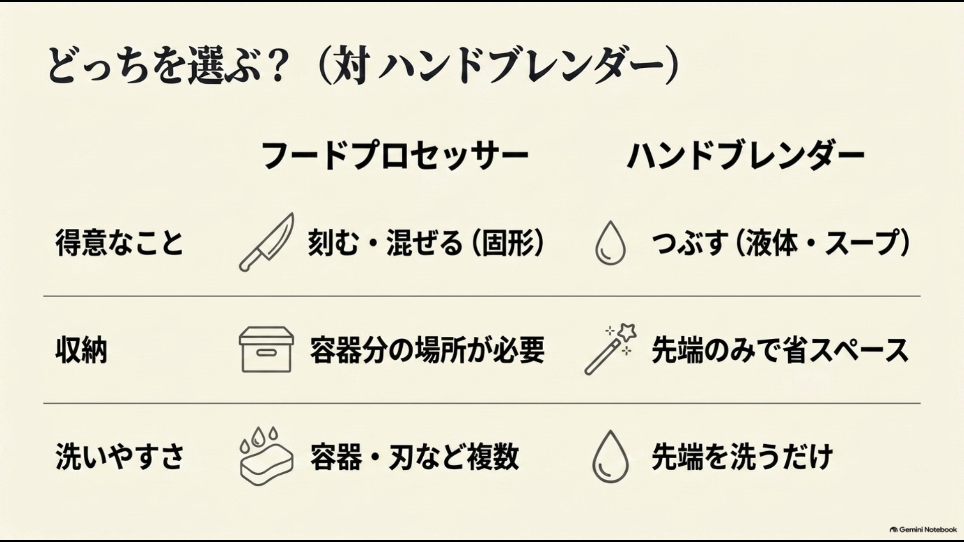 フードプロセッサーとハンドブレンダーの得意な作業・収納・洗いやすさの比較