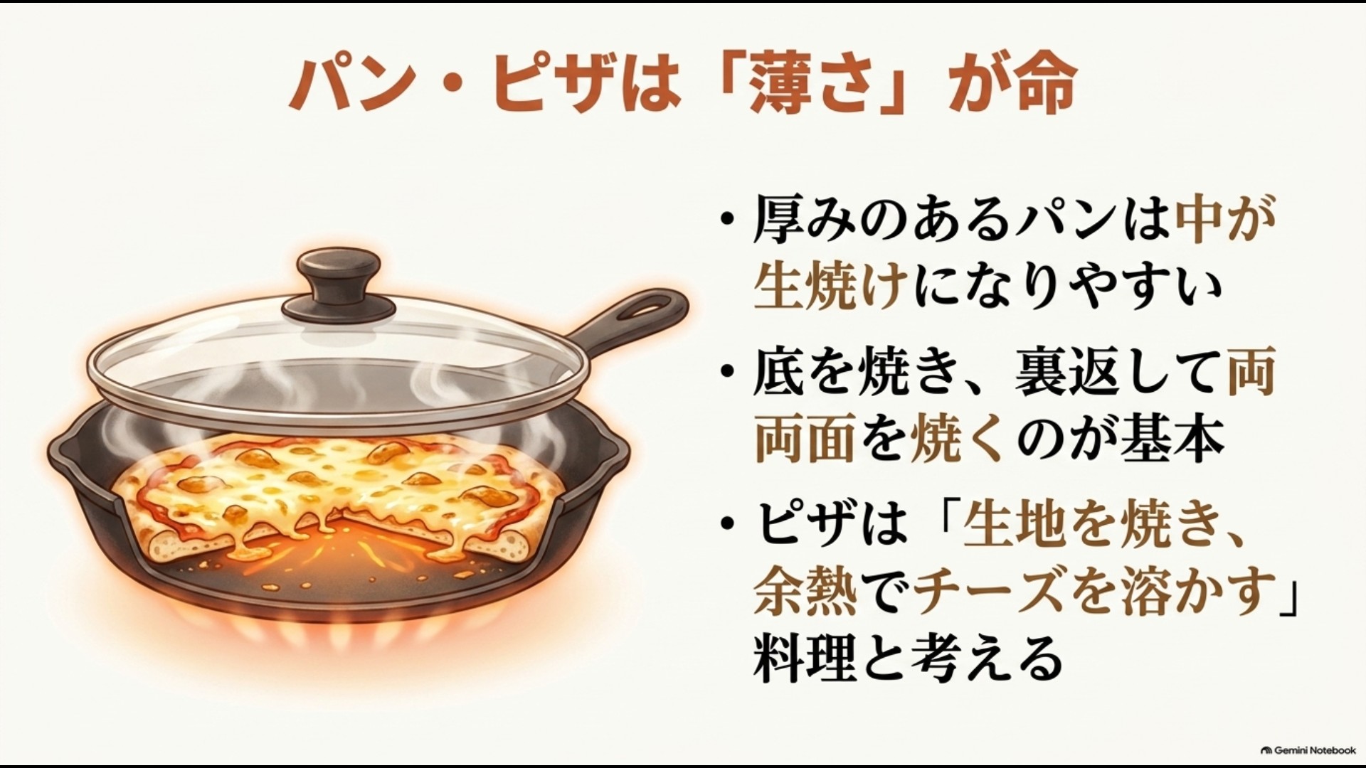 フライパンでパンやピザを薄く作り底面を焼いて蓋の余熱でチーズを溶かす方法