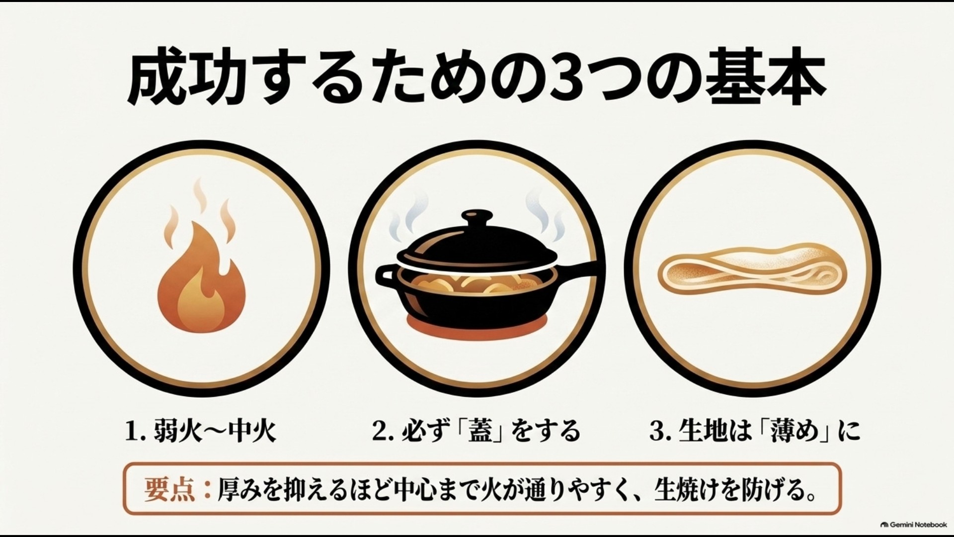 フライパンをオーブン代わりに使うときの弱火から中火・蓋・薄く作る3つの基本