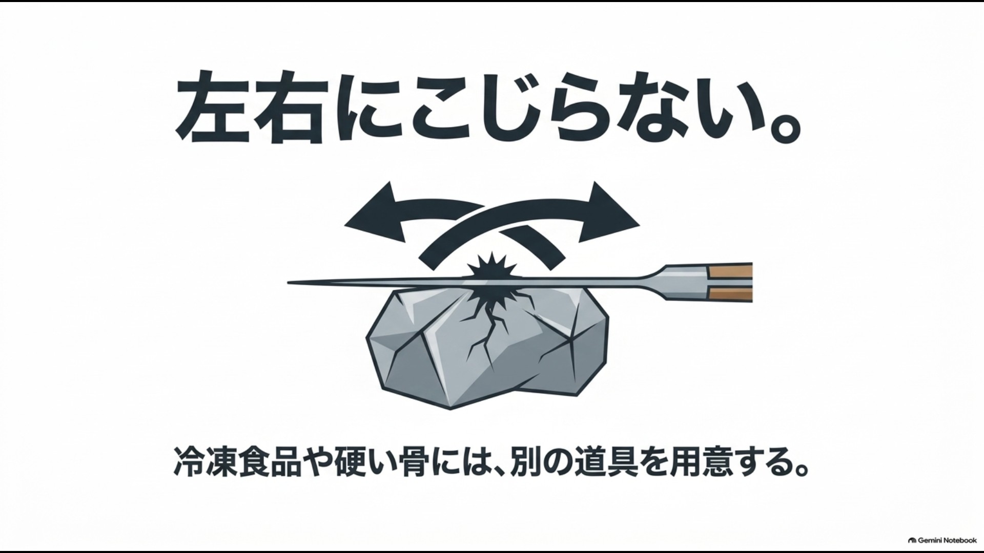 冷凍食品や硬い骨に包丁を当てて左右にこじらないよう注意するスライド