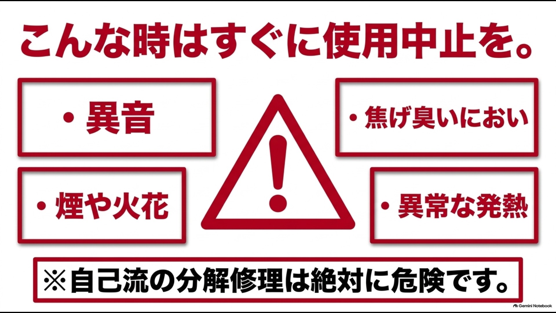 オーブンレンジから異音、焦げ臭いにおい、煙や火花、異常な発熱がある場合はすぐ使用を中止する