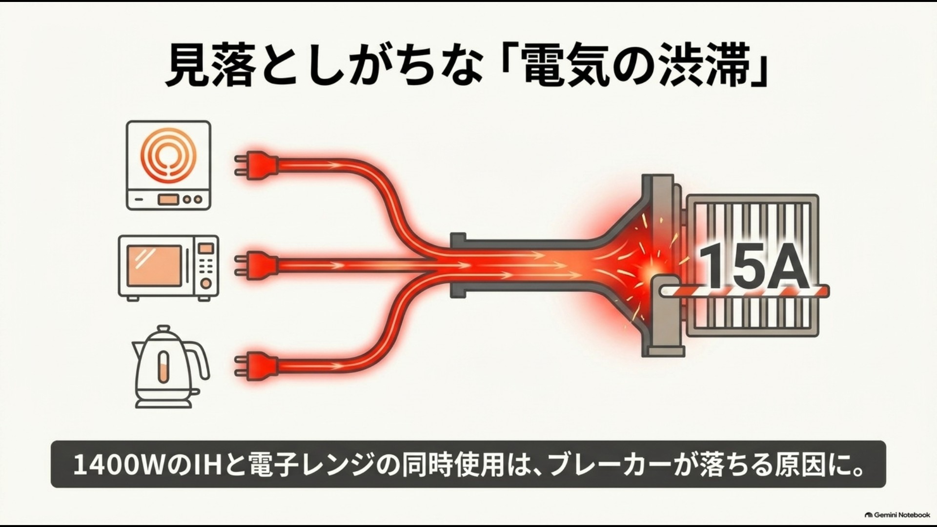 1400WのIHと電子レンジや電気ケトルを同時使用した際のブレーカー負荷を示す図