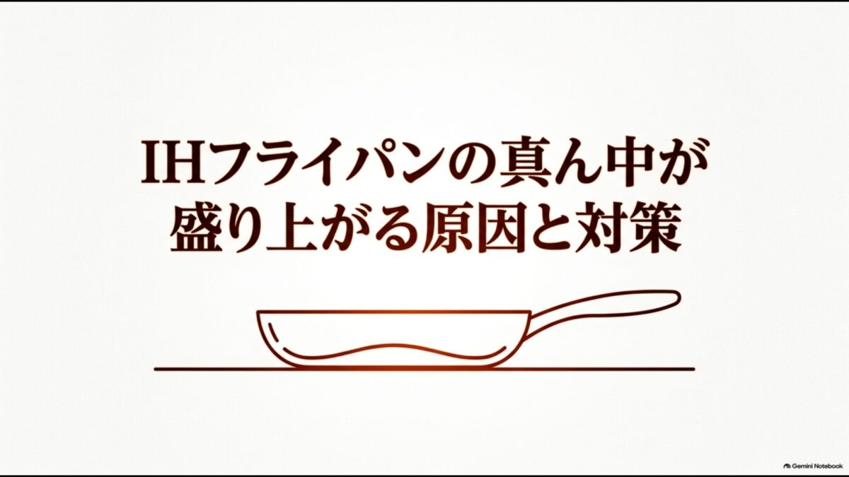 IHフライパンの中央が盛り上がった状態を示し、原因と対策を解説するスライド