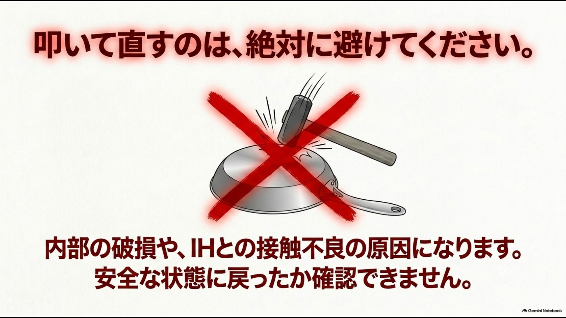 変形したIHフライパンをハンマーで叩いて直す方法を避けるよう示した注意図