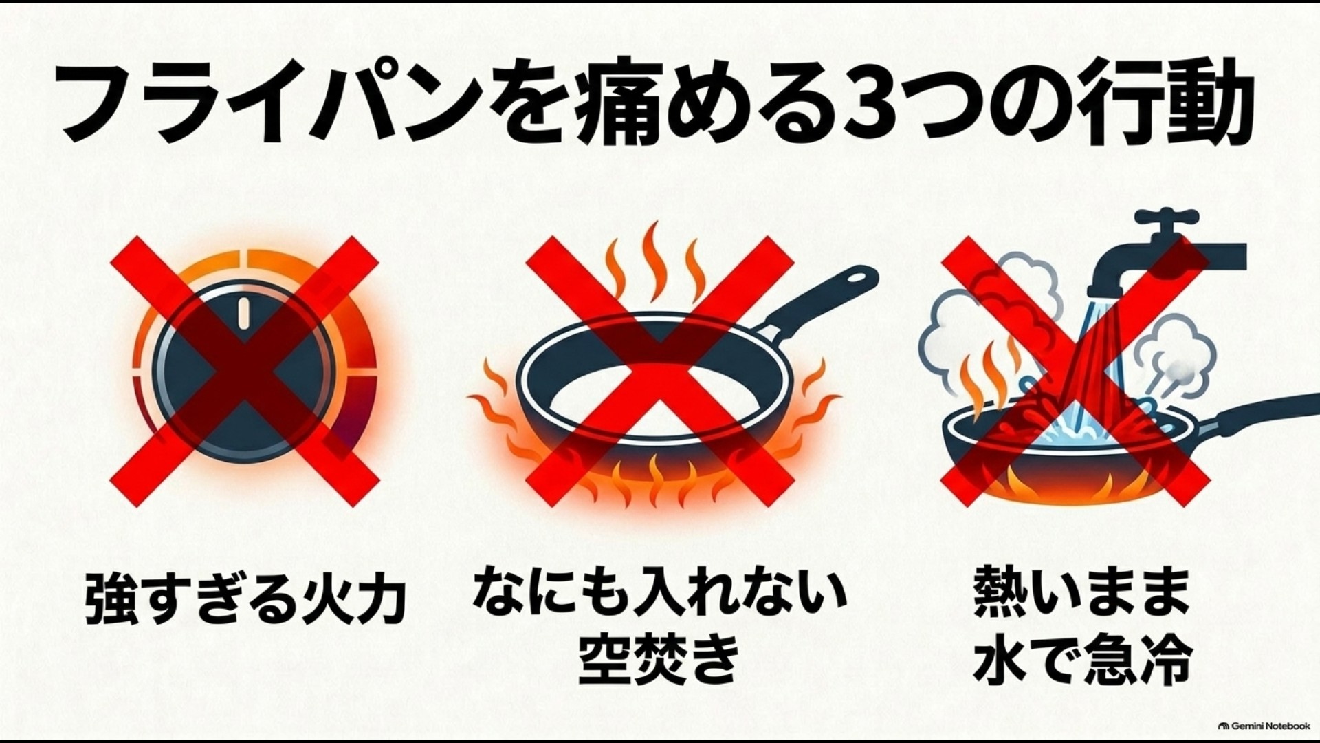 強すぎる火力、空焚き、熱いフライパンへの冷水による急冷を避けることを示す図