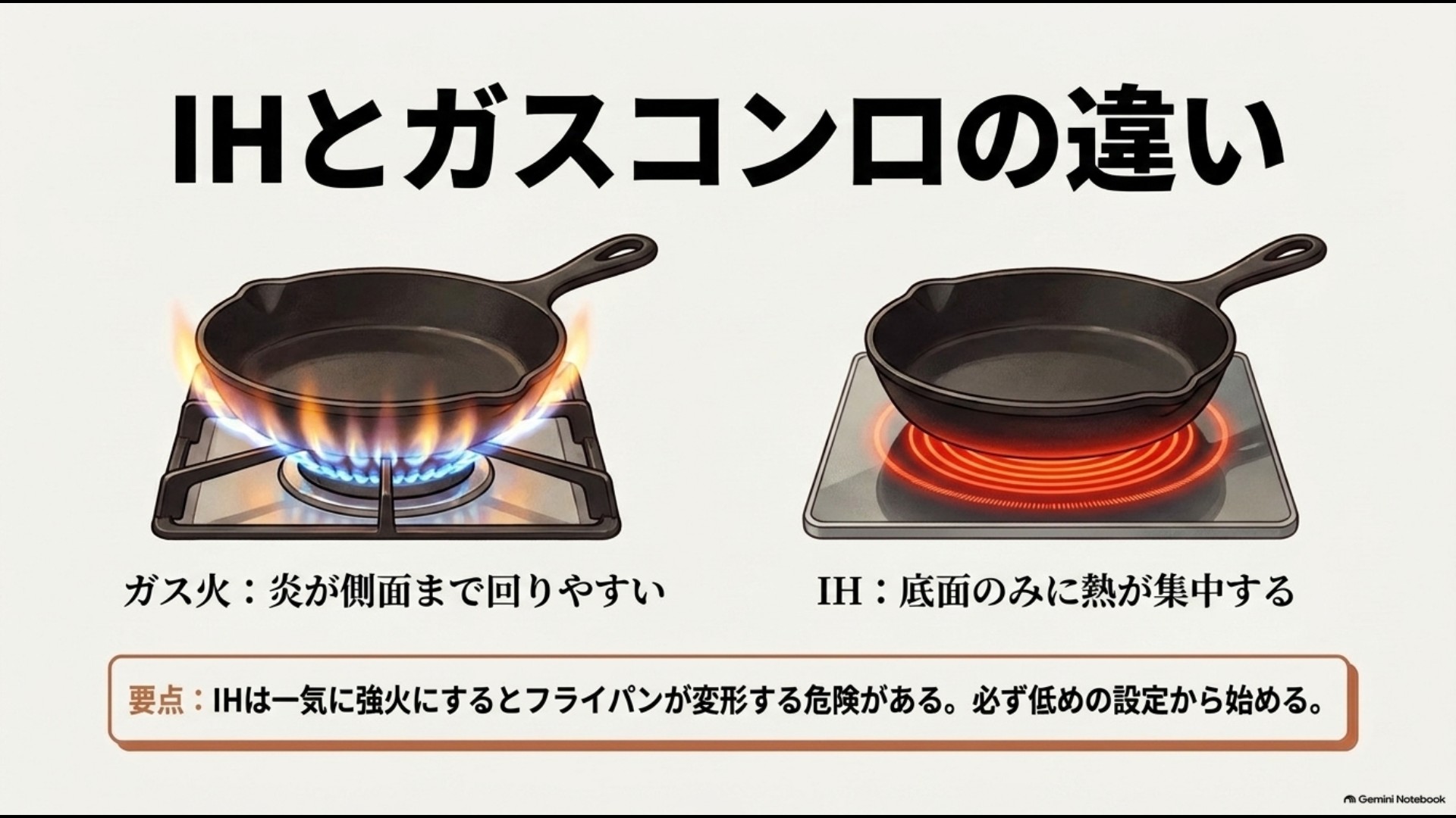 ガス火は側面まで炎が回りIHは底面に熱が集中しやすいフライパン加熱の違い