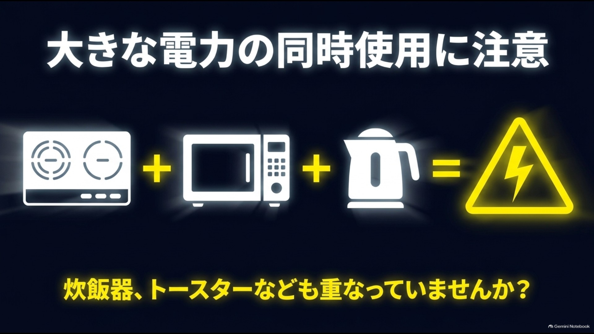 IHと電子レンジや電気ケトルなどを同時使用すると電気容量を超える可能性があることを示した図