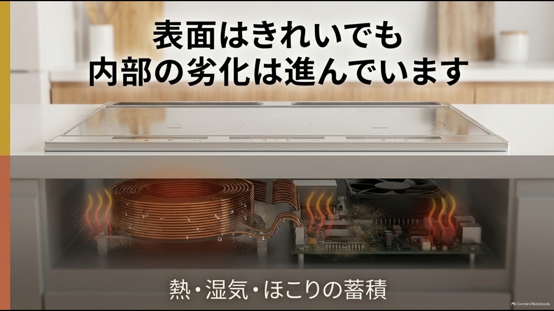 IHクッキングヒーター内部の部品が熱・湿気・ほこりで劣化するイメージ