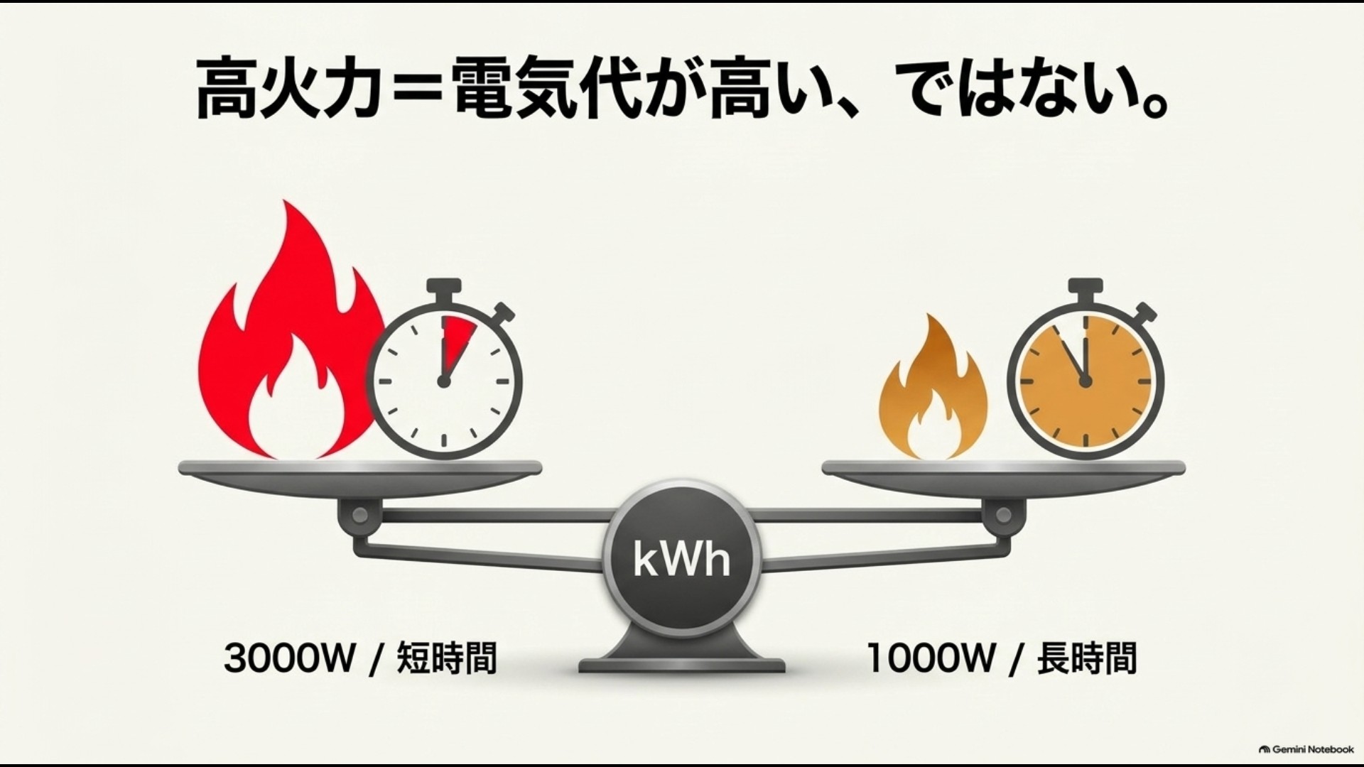 3000Wの短時間加熱と1000Wの長時間加熱を使用電力量で比較した図