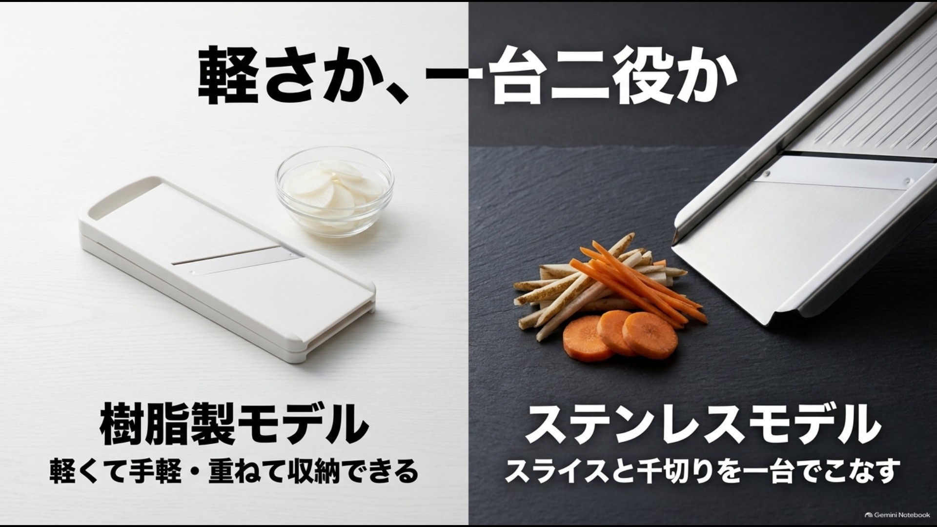 軽くて手軽な樹脂製モデルとスライスと千切りを一台でこなせるステンレスモデルの比較