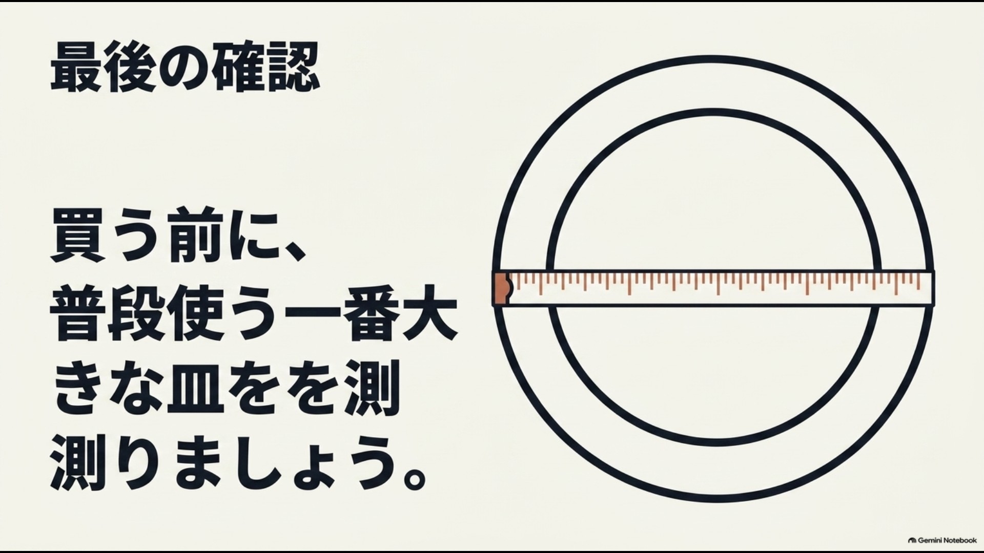 ターンテーブル式オーブンレンジ購入前に普段使う大きな皿のサイズを測る方法を示した図解