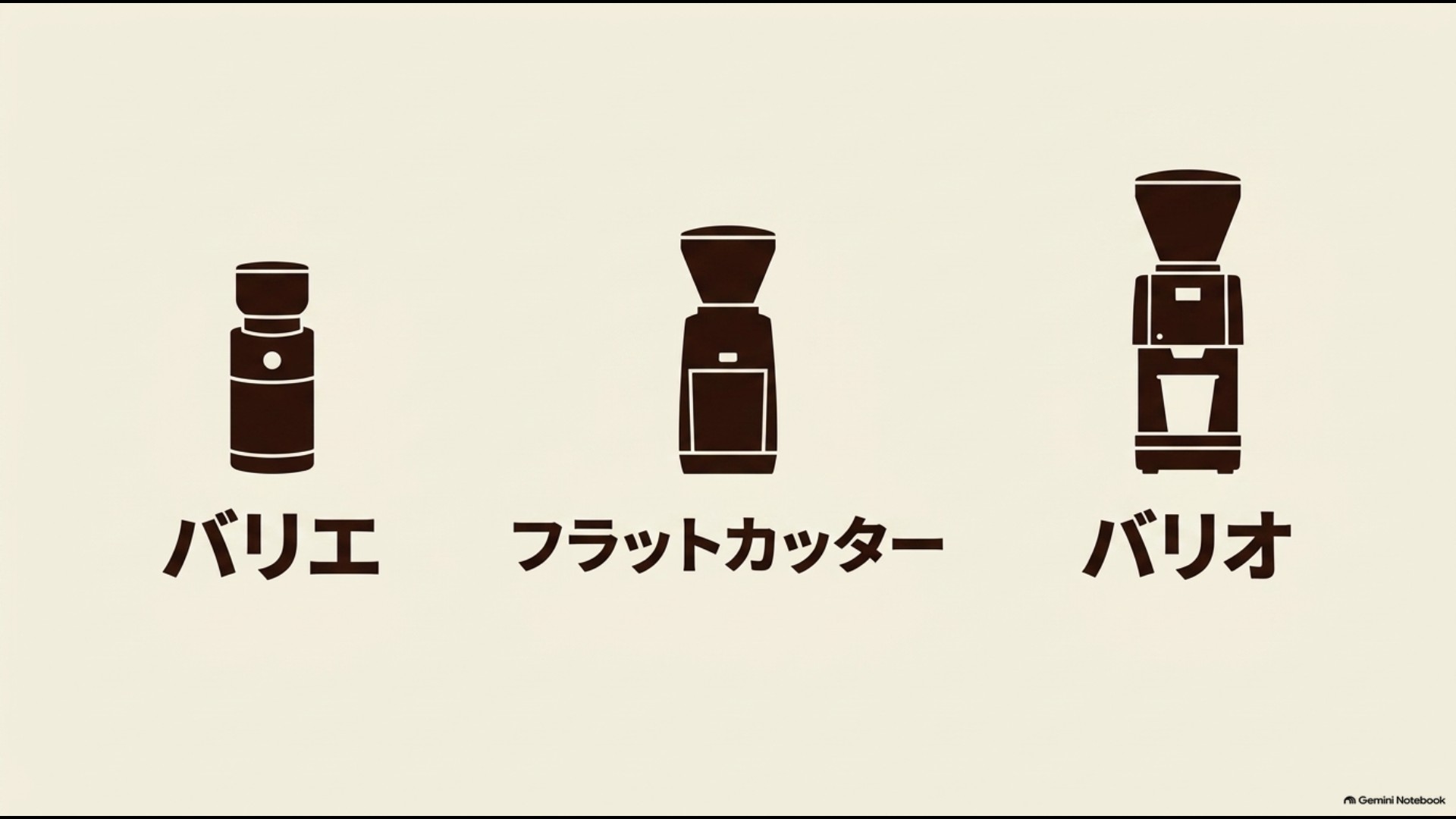 バリエ、フラットカッター、バリオEの3種類の電動コーヒーミル