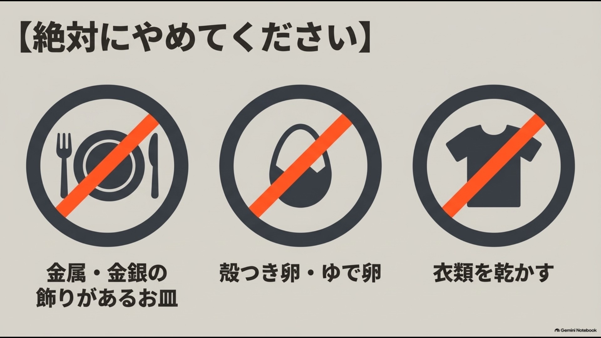 電子レンジで金銀装飾の食器、殻付き卵やゆで卵、衣類を加熱してはいけないことを示した画像