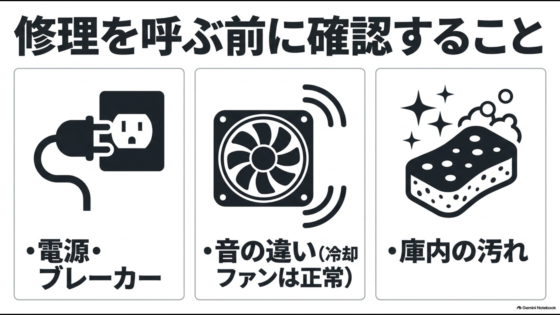 オーブンレンジの修理を依頼する前に電源とブレーカー、冷却ファンの音、庫内の汚れを確認する図