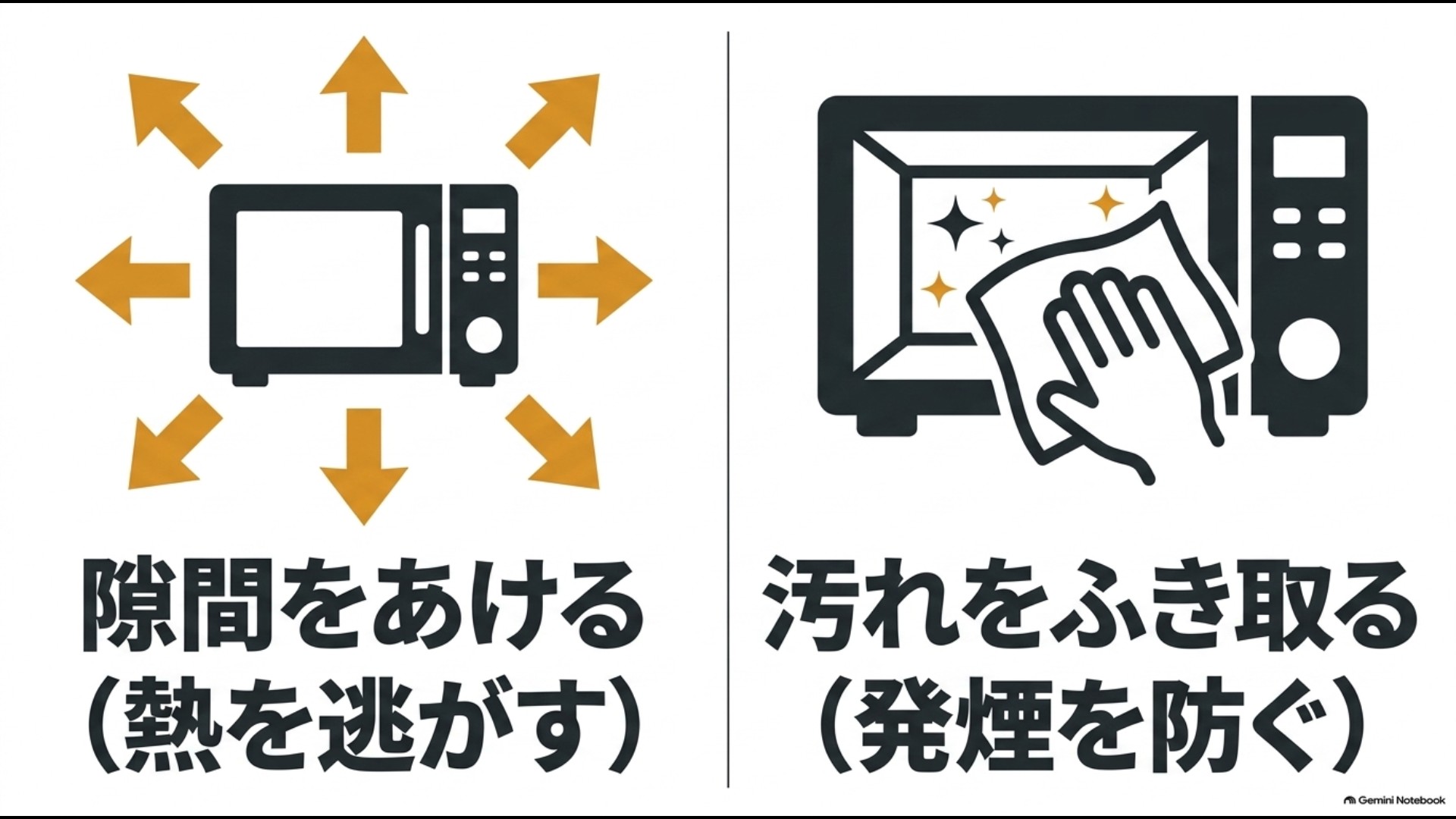 オーブンレンジの放熱スペースを確保し庫内の汚れを拭き取って発煙や熱こもりを防ぐ方法