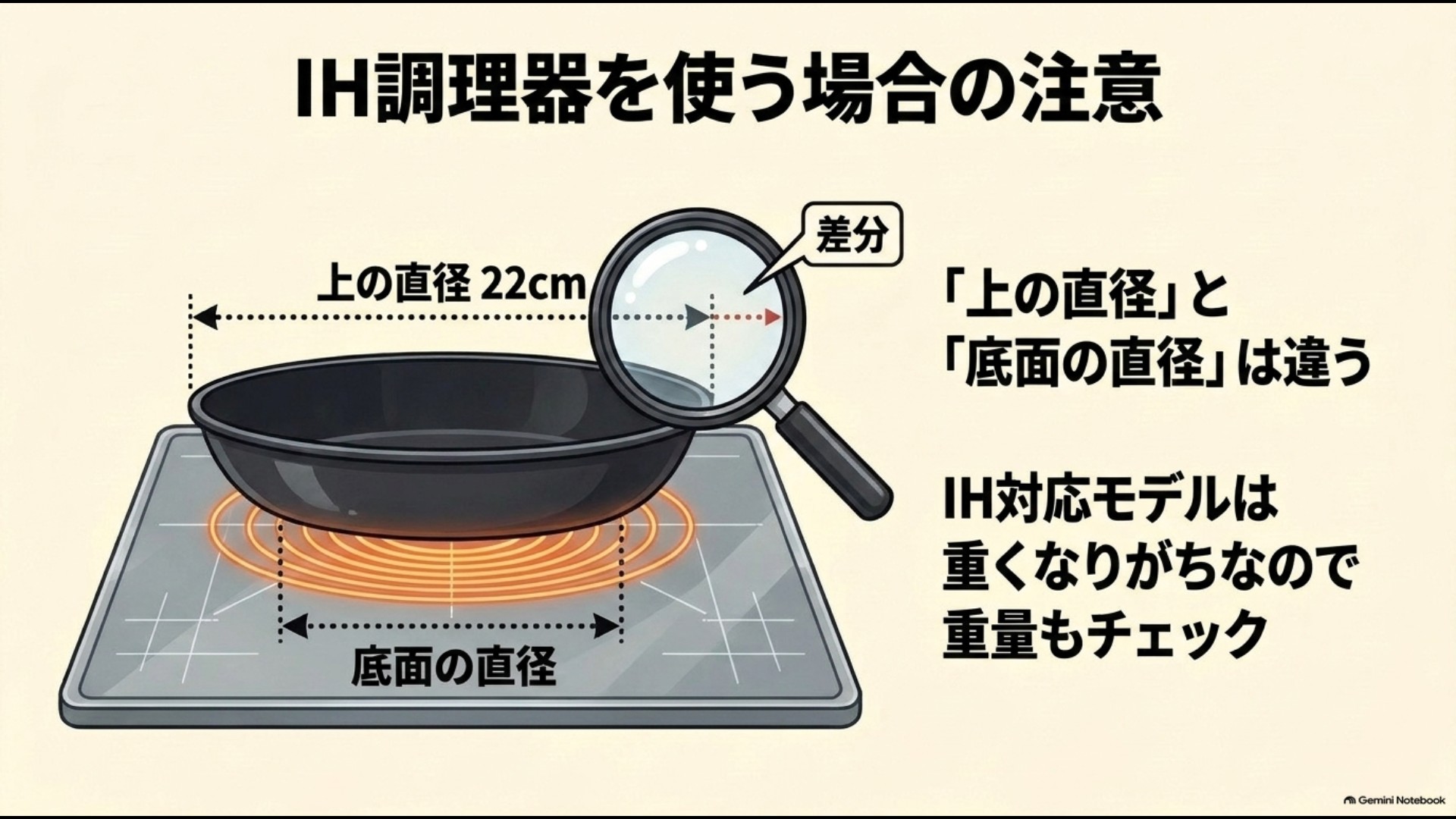 IH対応フライパンでは上部の直径とIHに接する底面径が異なることを示す図