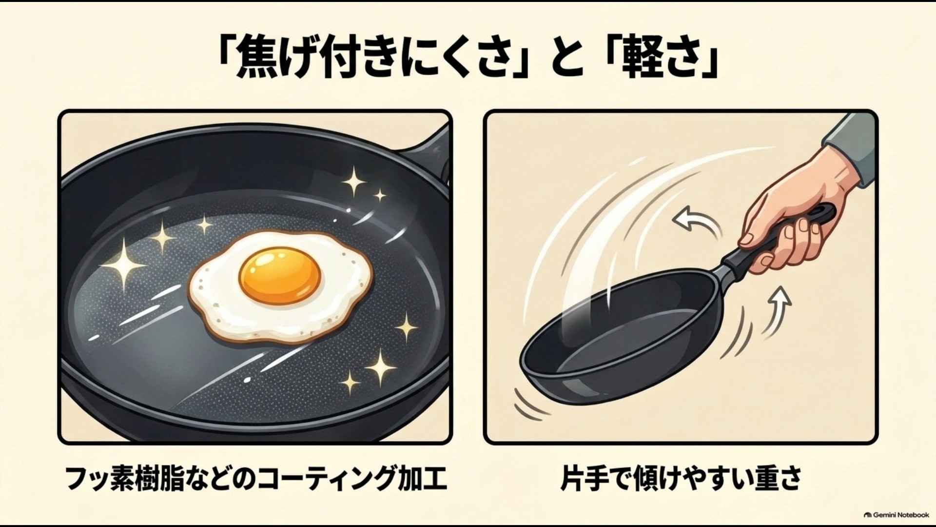 オムライス用フライパンではコーティングによる焦げ付きにくさと片手で扱える軽さが重要