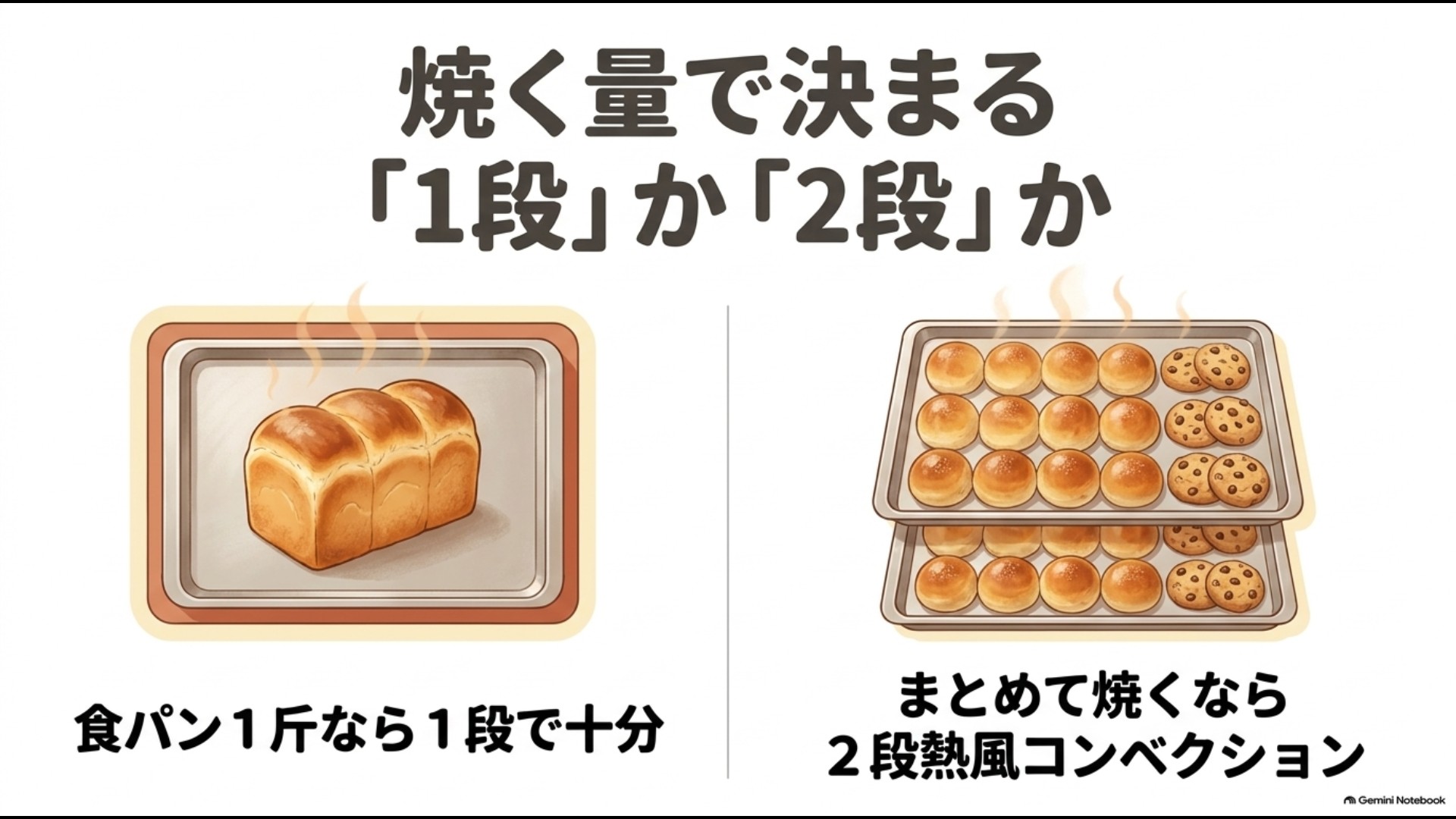 食パン1斤なら1段、まとめ焼きなら2段オーブンが向くことを示した画像