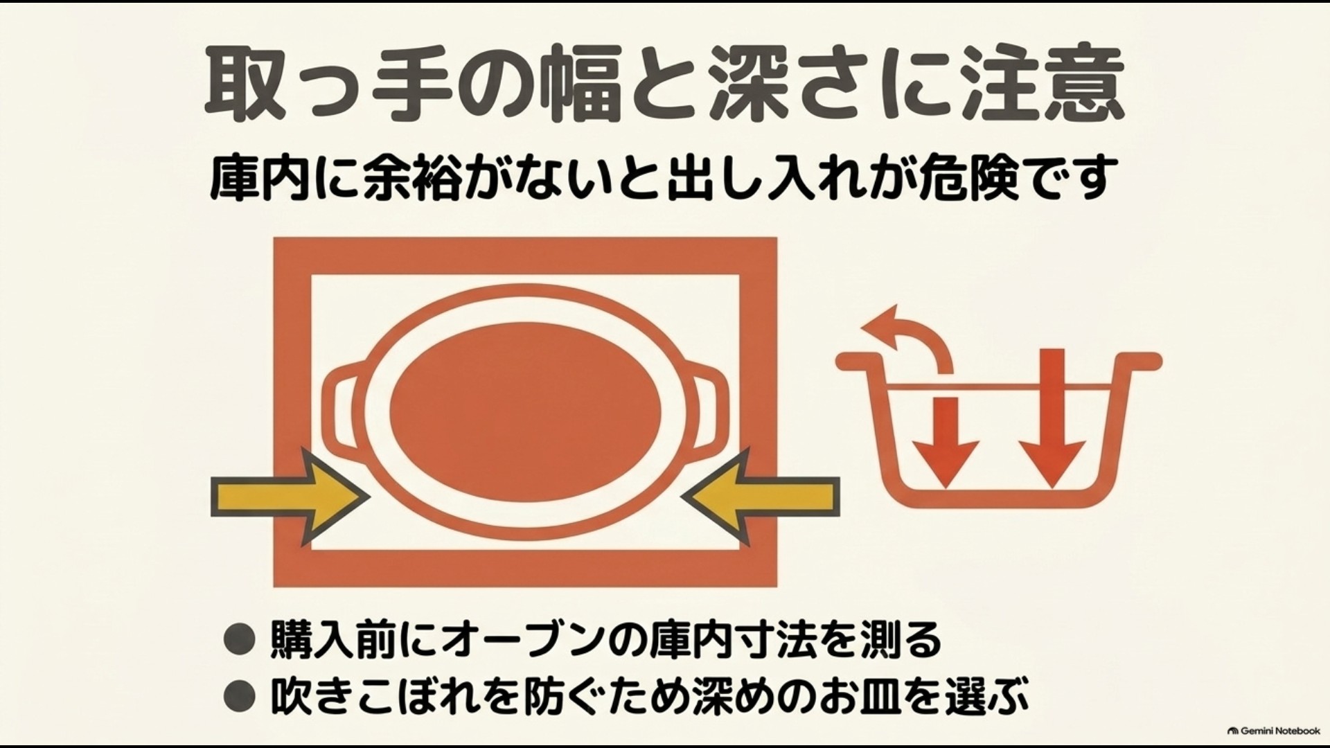 オーブンの庫内寸法に合わせて耐熱皿の取っ手を含む幅や深さを確認する