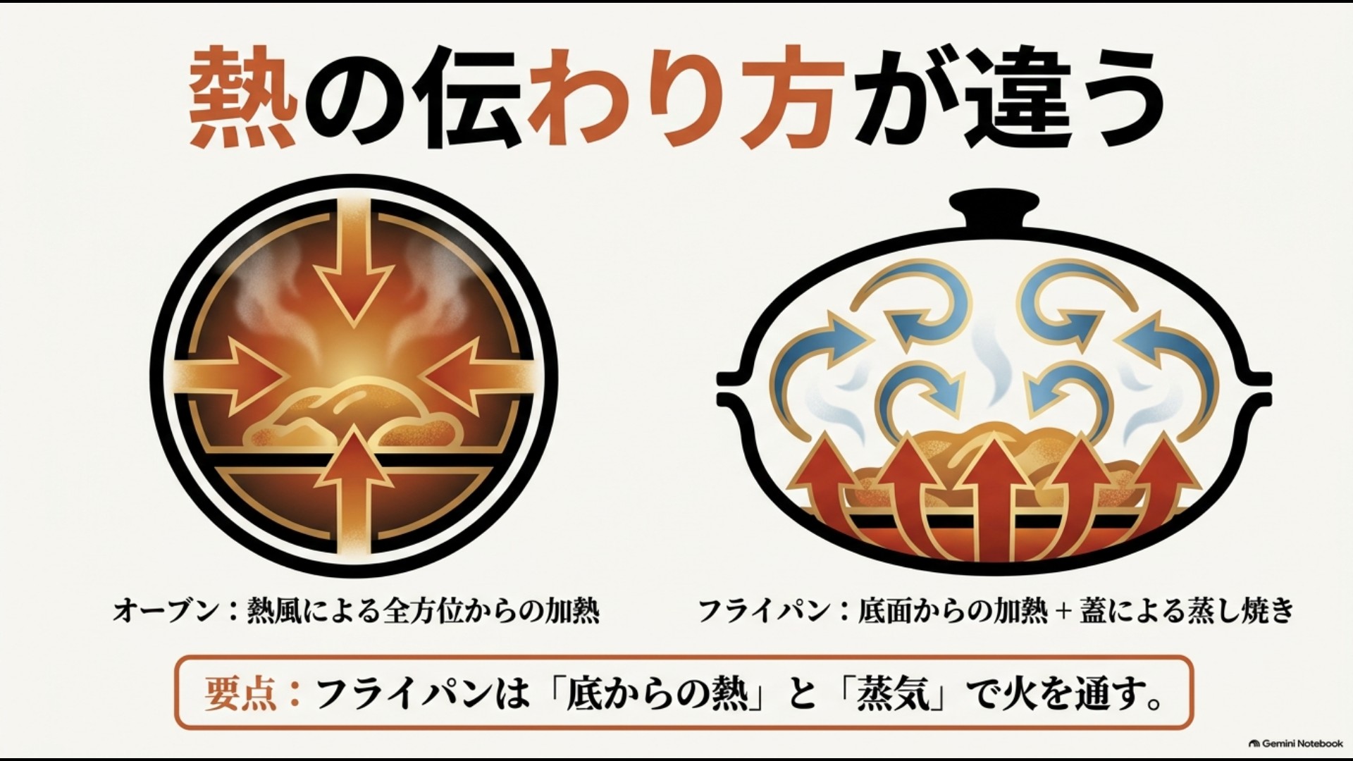 オーブンは全方向から加熱しフライパンは底面加熱と蓋による蒸し焼きになる違い