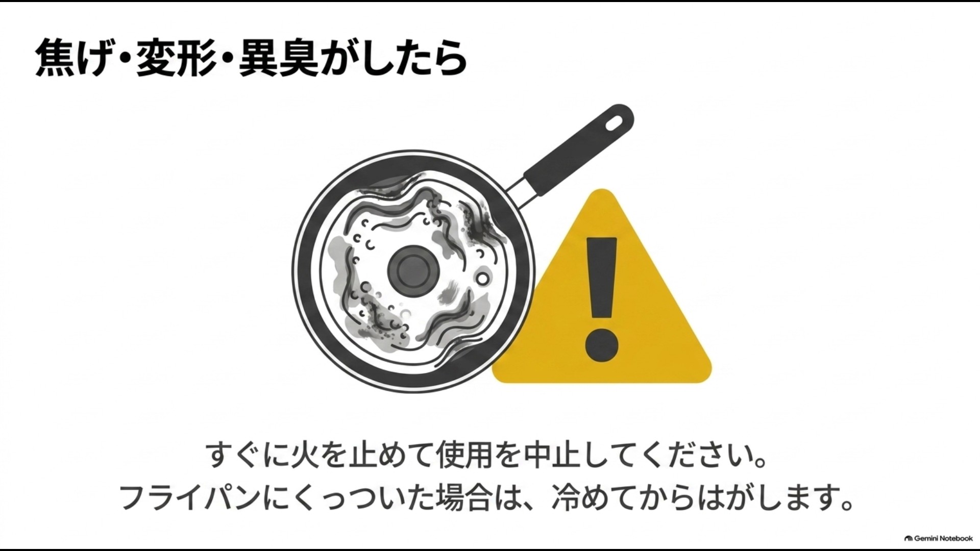 シリコン蓋に焦げや変形、異臭が出た場合は使用を中止することを示した図