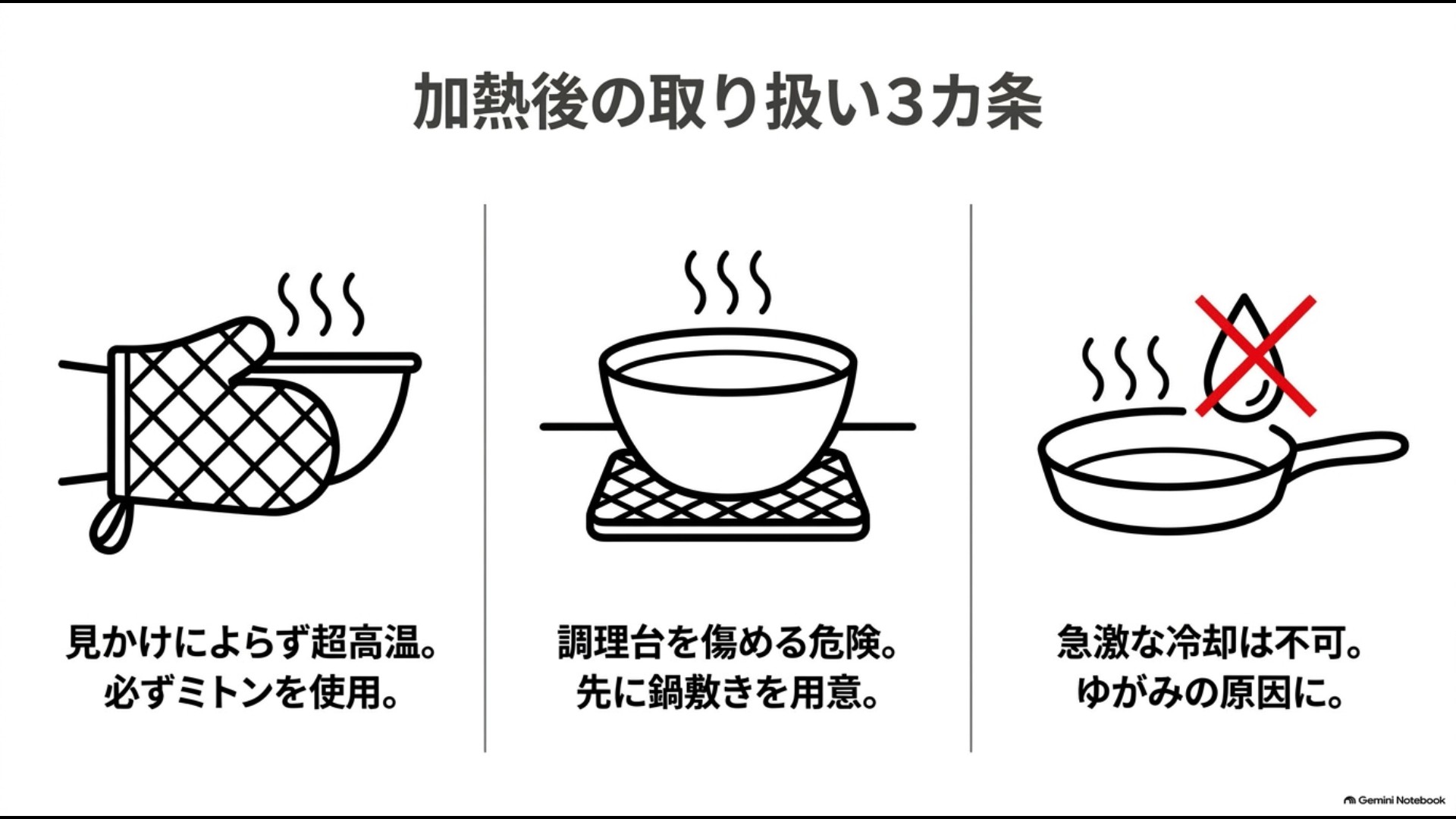 オーブンミトン、鍋敷き、急冷を避けるなど加熱後のステンレス容器の扱い方